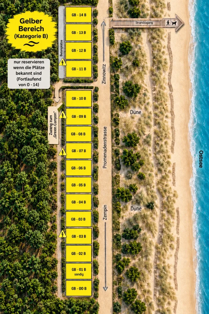 Lageplan des gelben Bereichs auf dem Campingplatz Zempin mit Stellplätzen der Kategorie B