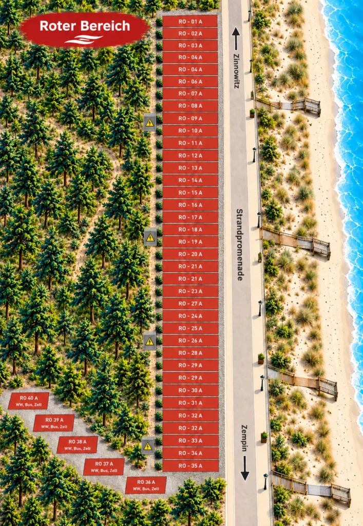 Lageplan des roten Bereichs auf dem Campingplatz Zempin mit Stellplätzen und Strandpromenade